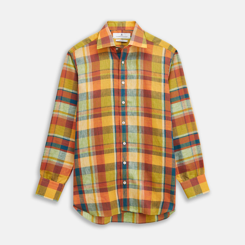 Orange Madras Check Regular Fit Linen Shirt with T&A Collar and 3-Button Cuffs