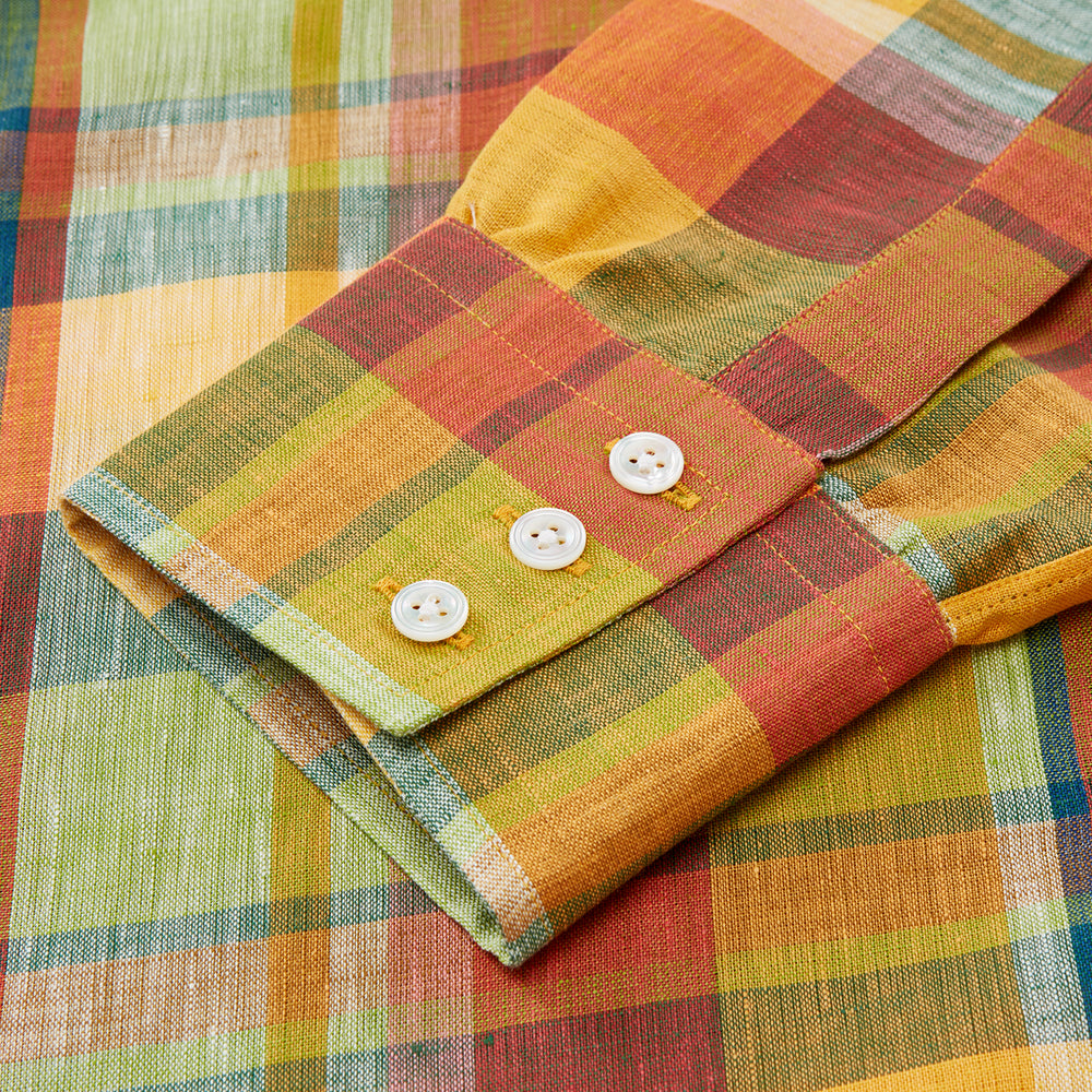 Orange Madras Check Regular Fit Linen Shirt with T&A Collar and 3-Button Cuffs