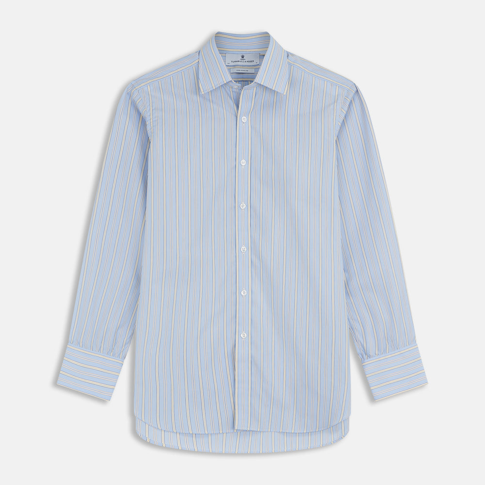 BlueÂ AndÂ Yellow Stripe Poplin Cotton Regular Fit Shirt with T&A Collar and 3-Button Cuffs