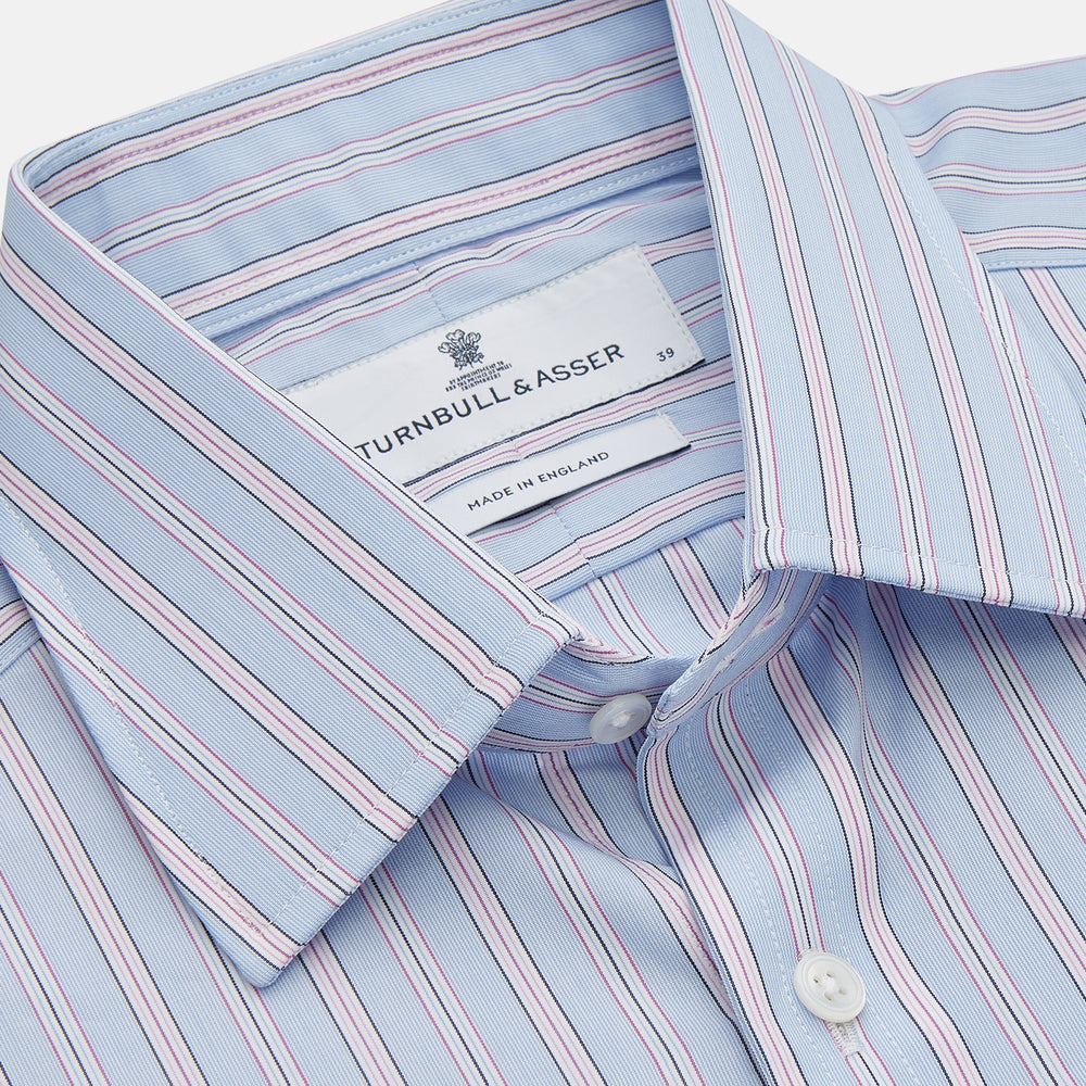 Blue and Pink Stripe Poplin Cotton Regular Fit Shirt with T&amp;A Collar and 3-Button Cuffs