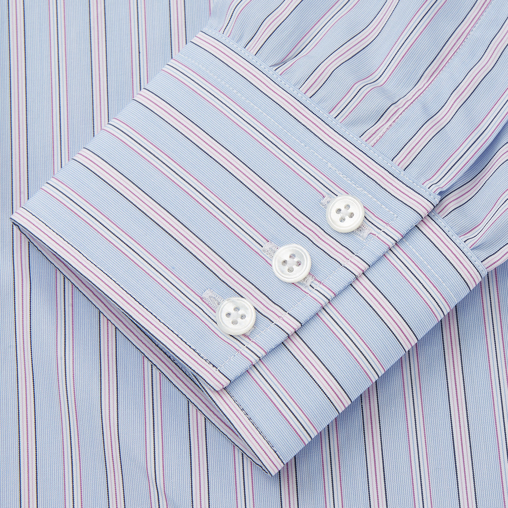Blue and Pink Stripe Poplin Cotton Regular Fit Shirt with T&amp;A Collar and 3-Button Cuffs