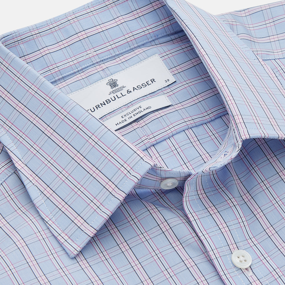 Blue and Pink Check Poplin Cotton Regular Fit Shirt with T&amp;A Collar and 3-Button Cuffs