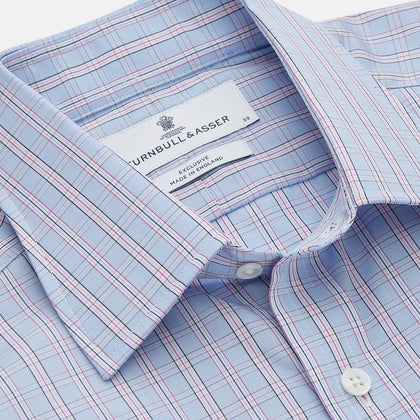 Blue and Pink Check Poplin Cotton Regular Fit Shirt with T&amp;A Collar and 3-Button Cuffs Image 1