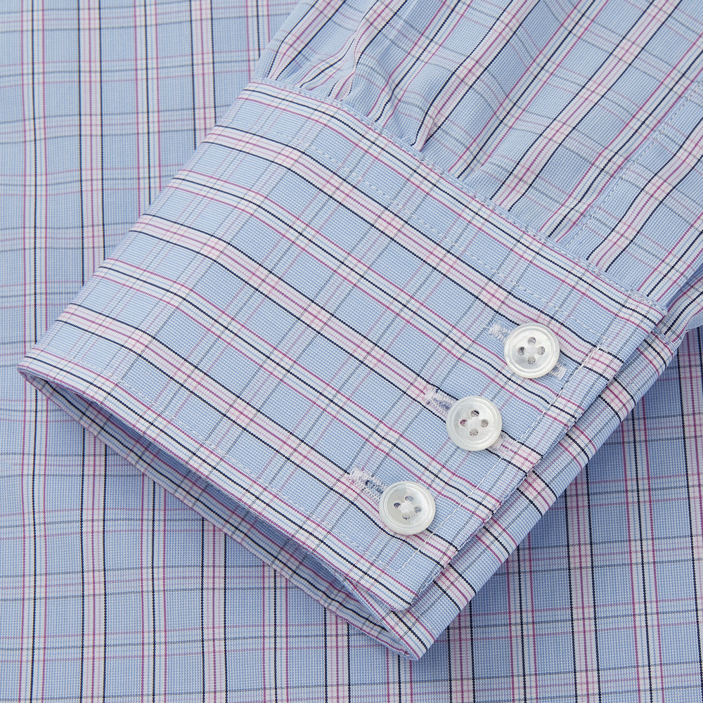 Blue and Pink Check Poplin Cotton Regular Fit Shirt with T&amp;A Collar and 3-Button Cuffs