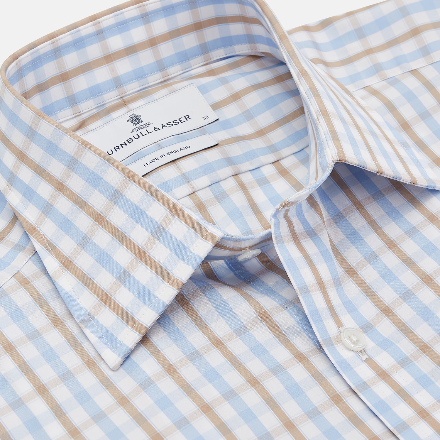 View 2 of product Blue and Brown Check Poplin Shirt with T&A Collar and 3-Button Cuffs