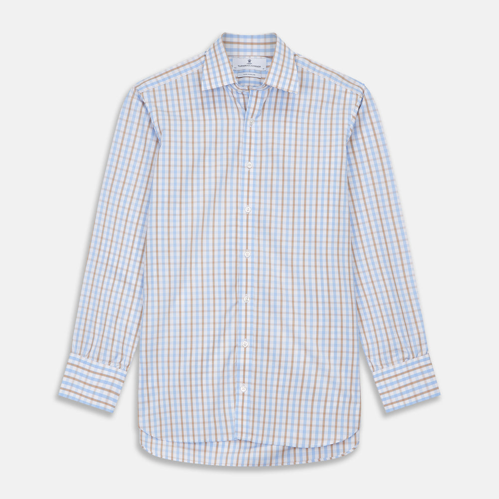 Blue and Brown Check Poplin Shirt with T&A Collar and 3-Button Cuffs