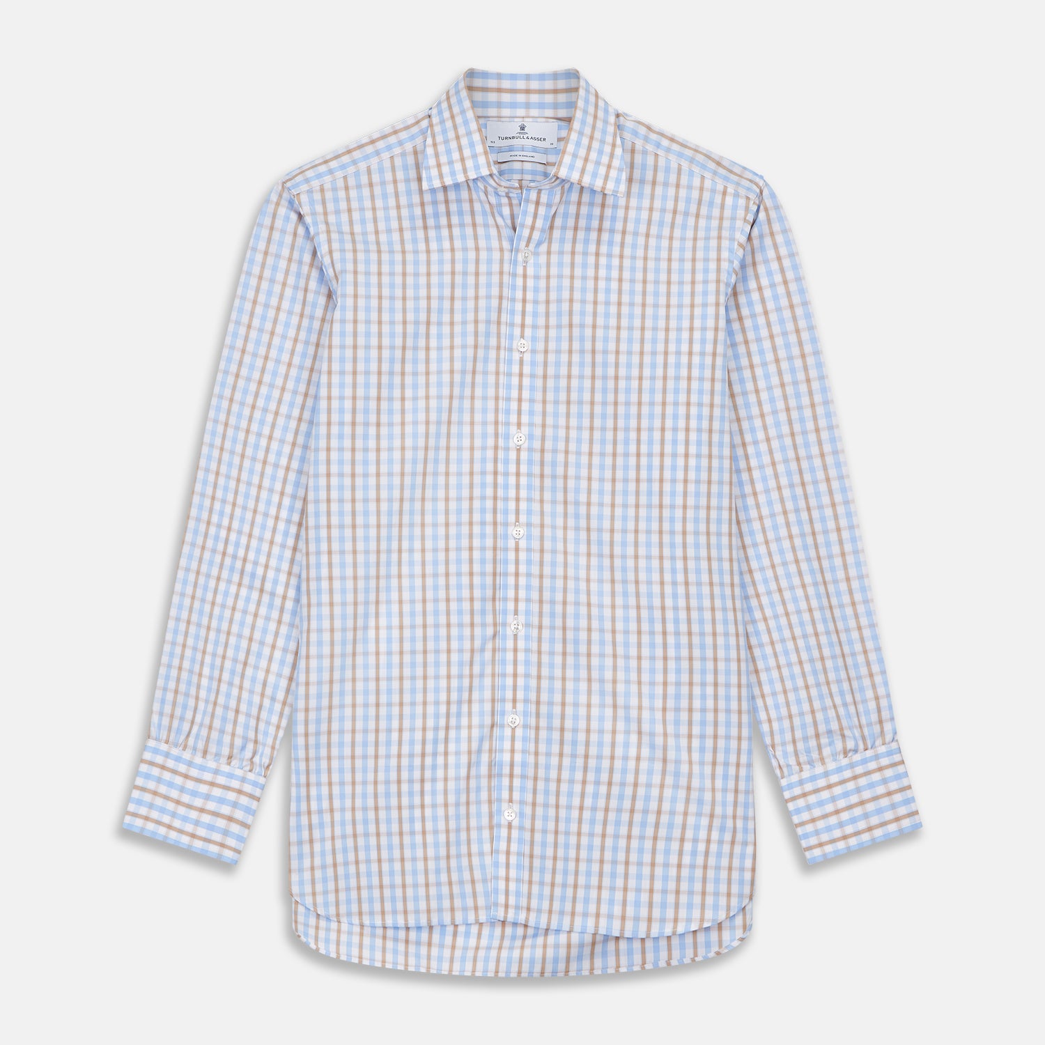 View 1 of product Blue and Brown Check Poplin Shirt with T&A Collar and 3-Button Cuffs