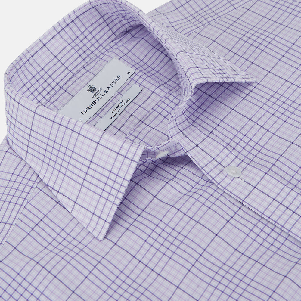 Lilac Fine Check Shirt with T&amp;A Collar and Three-Button Cuffs