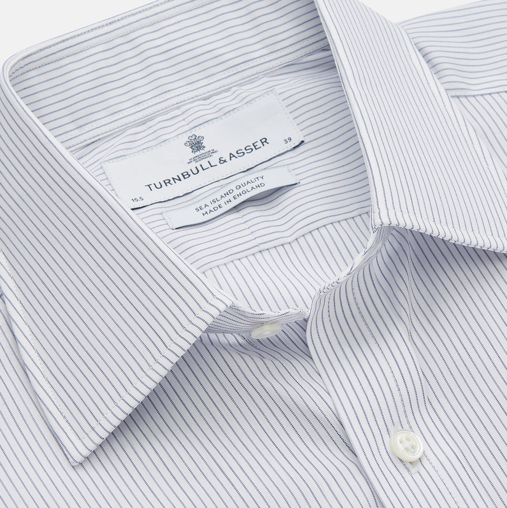 WhiteÂ AndÂ Blue Stripe Sea Island Quality Cotton Shirt With T&A Collar and 3-Button Cuffs