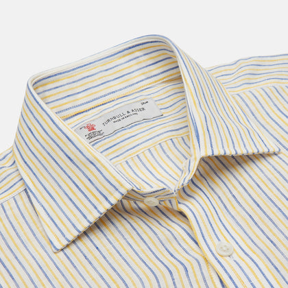 Yellow and Blue Ticking Stripe Linen Shirt with POW Collar and 3-Button Cuffs Image 2