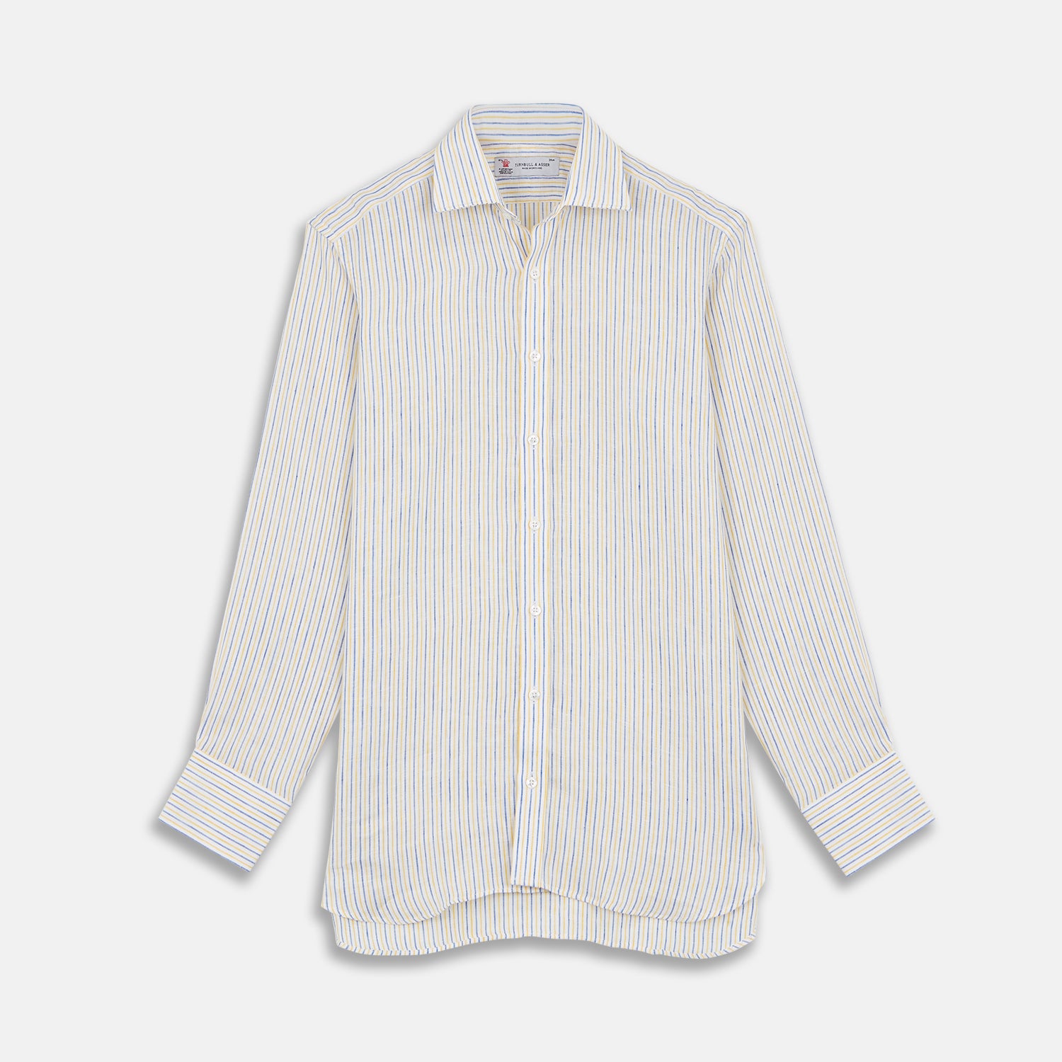 View 1 of product Yellow and Blue Ticking Stripe Linen Shirt with POW Collar and 3-Button Cuffs