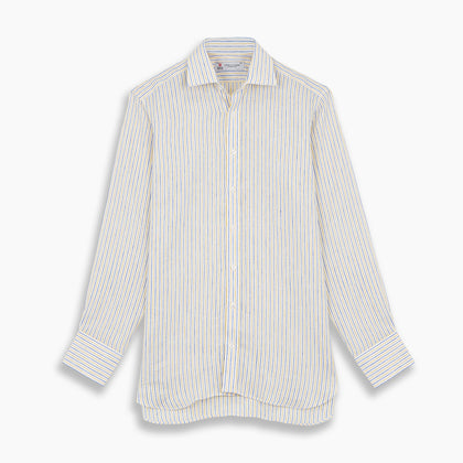 Yellow and Blue Ticking Stripe Linen Shirt with POW Collar and 3-Button Cuffs Image 3