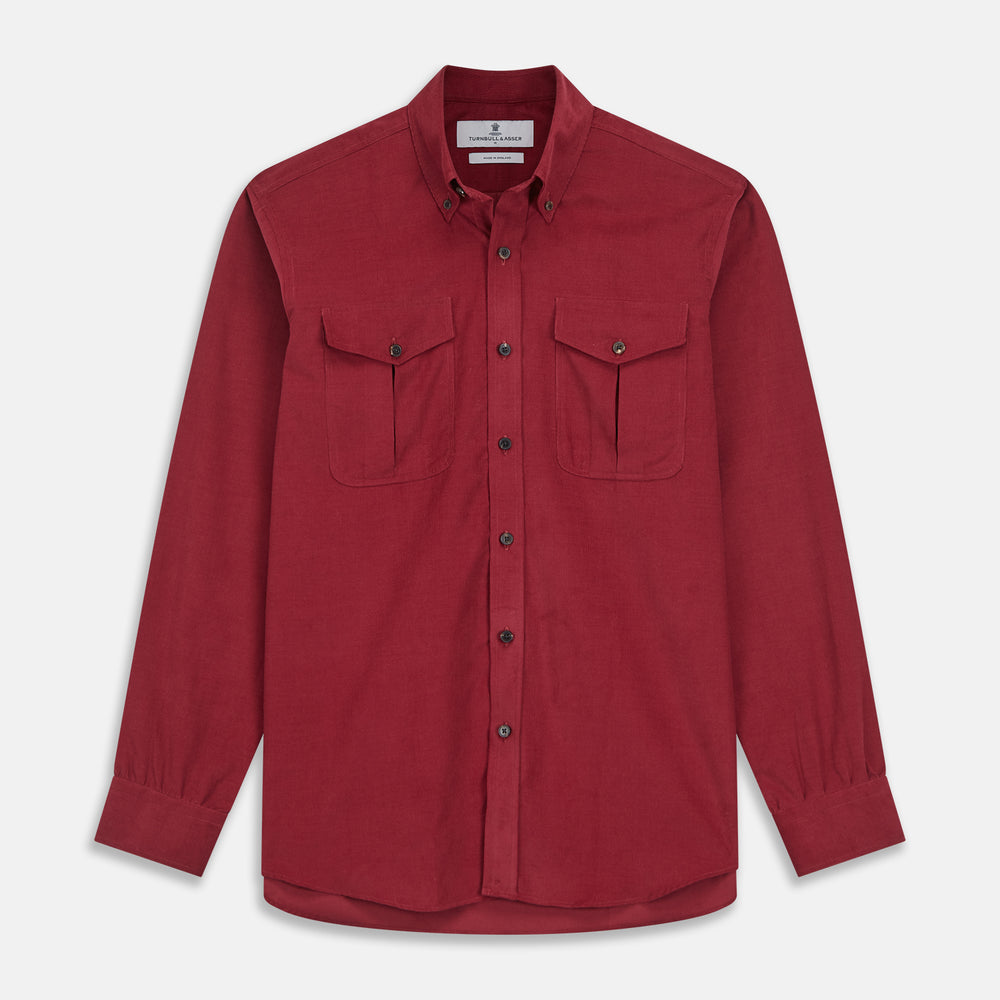 Burgundy Corduroy Officer Weekend Fit Shirt with Dorset Collar and One-Button Cuffs