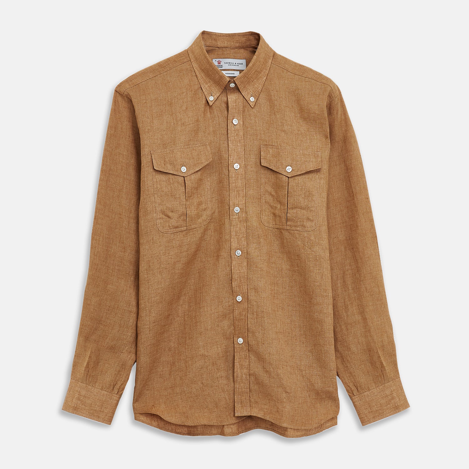View 1 of product Brown Linen Officer Weekend Fit Shirt with Dorset Collar and 1-Button Cuffs