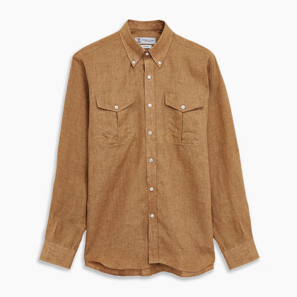 Brown Linen Officer Weekend Fit Shirt with Dorset Collar and 1-Button Cuffs Image 2