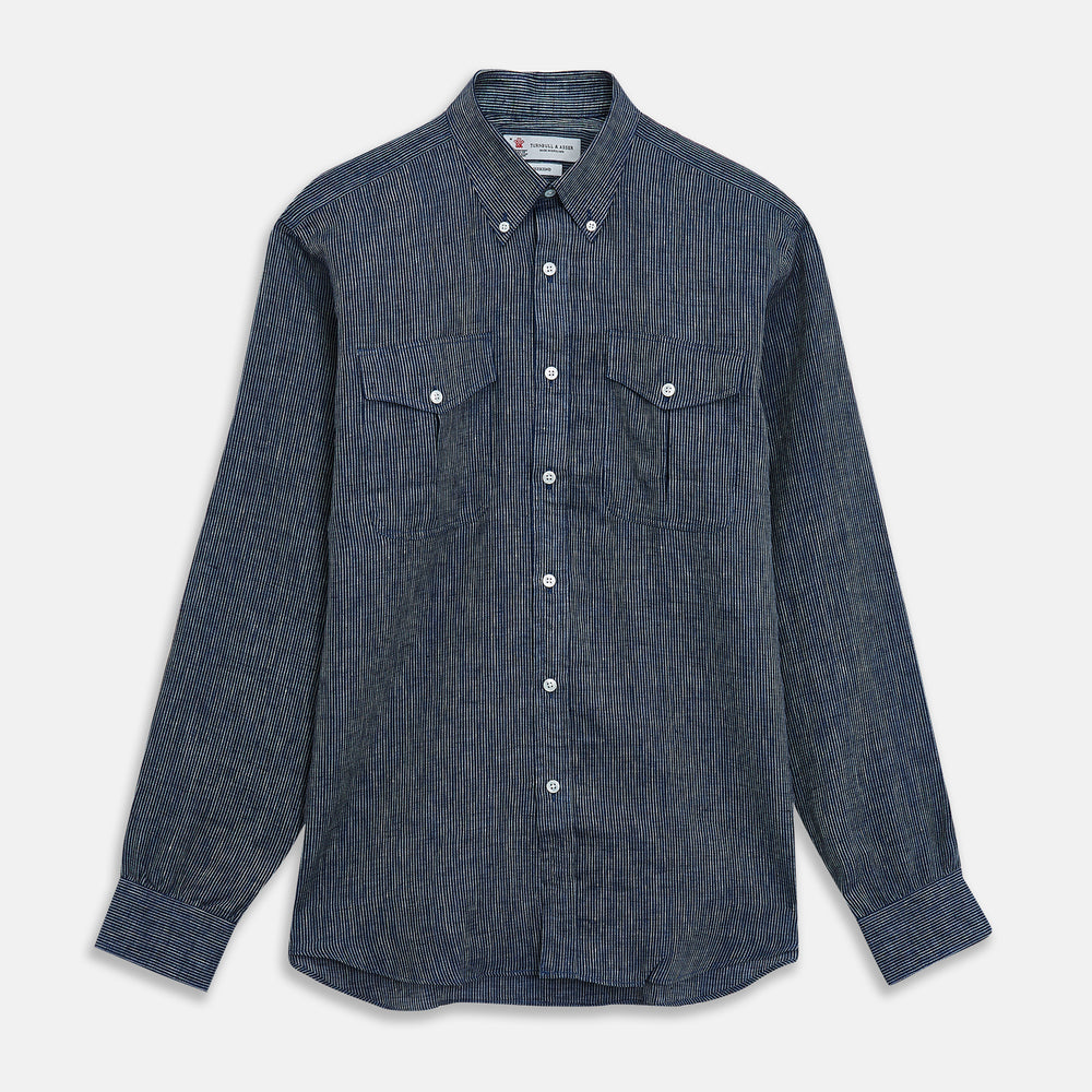 Navy & White Linen Officer Weekend Fit Shirt with Dorset Collar and 1-Button Cuffs