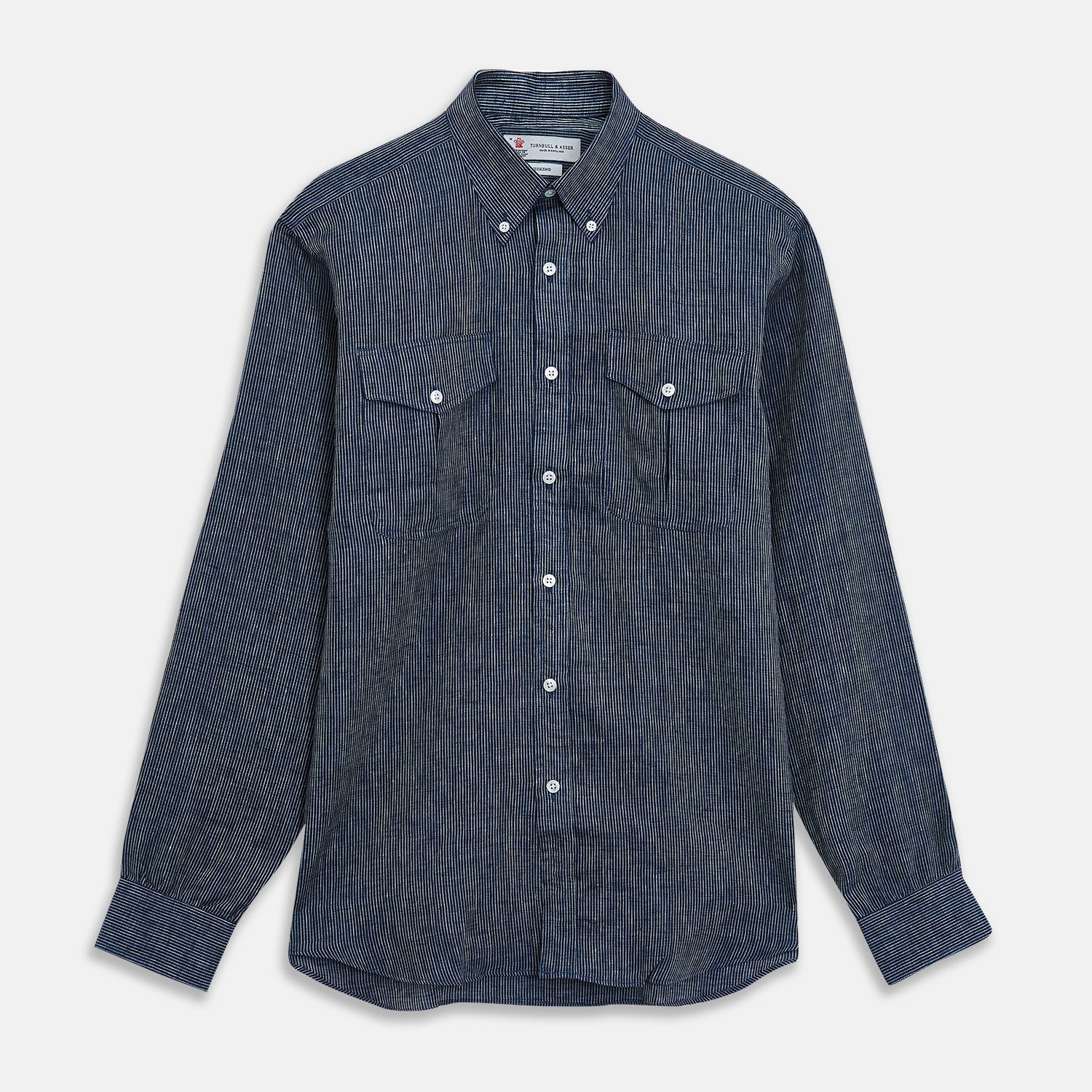 View 1 of product Navy & White Linen Officer Weekend Fit Shirt with Dorset Collar and 1-Button Cuffs