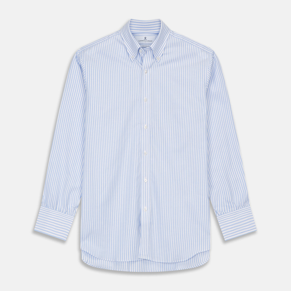 Blue and White Fine Stripe Oxford Weekend Fit Shirt with Dorset Collar and 1-Button Cuffs