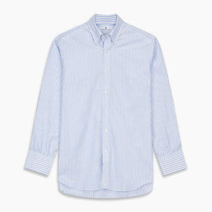 Blue and White Fine Stripe Oxford Weekend Fit Shirt with Dorset Collar and 1-Button Cuffs Image 4
