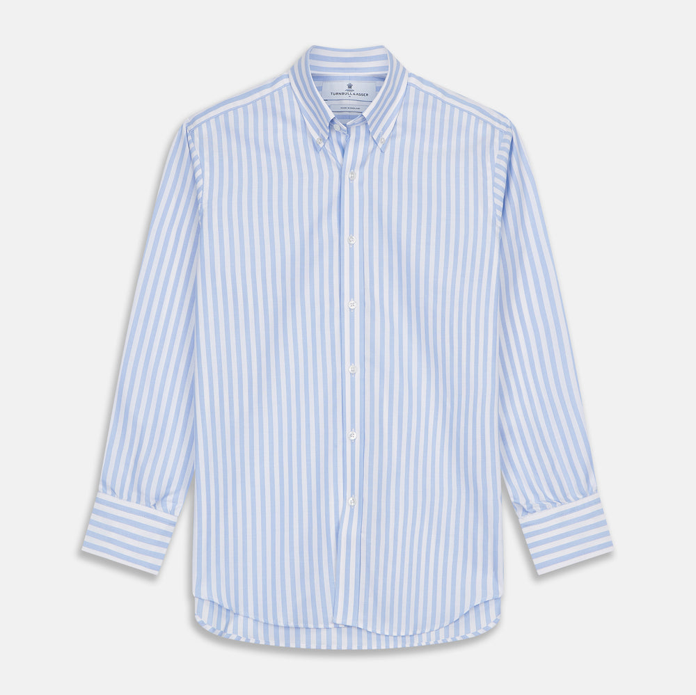 striped white dress shirt Blue and White Bengal Stripe Oxford Weekend Fit dress shirt with Dorset  Collar and 1-Button Cuffs