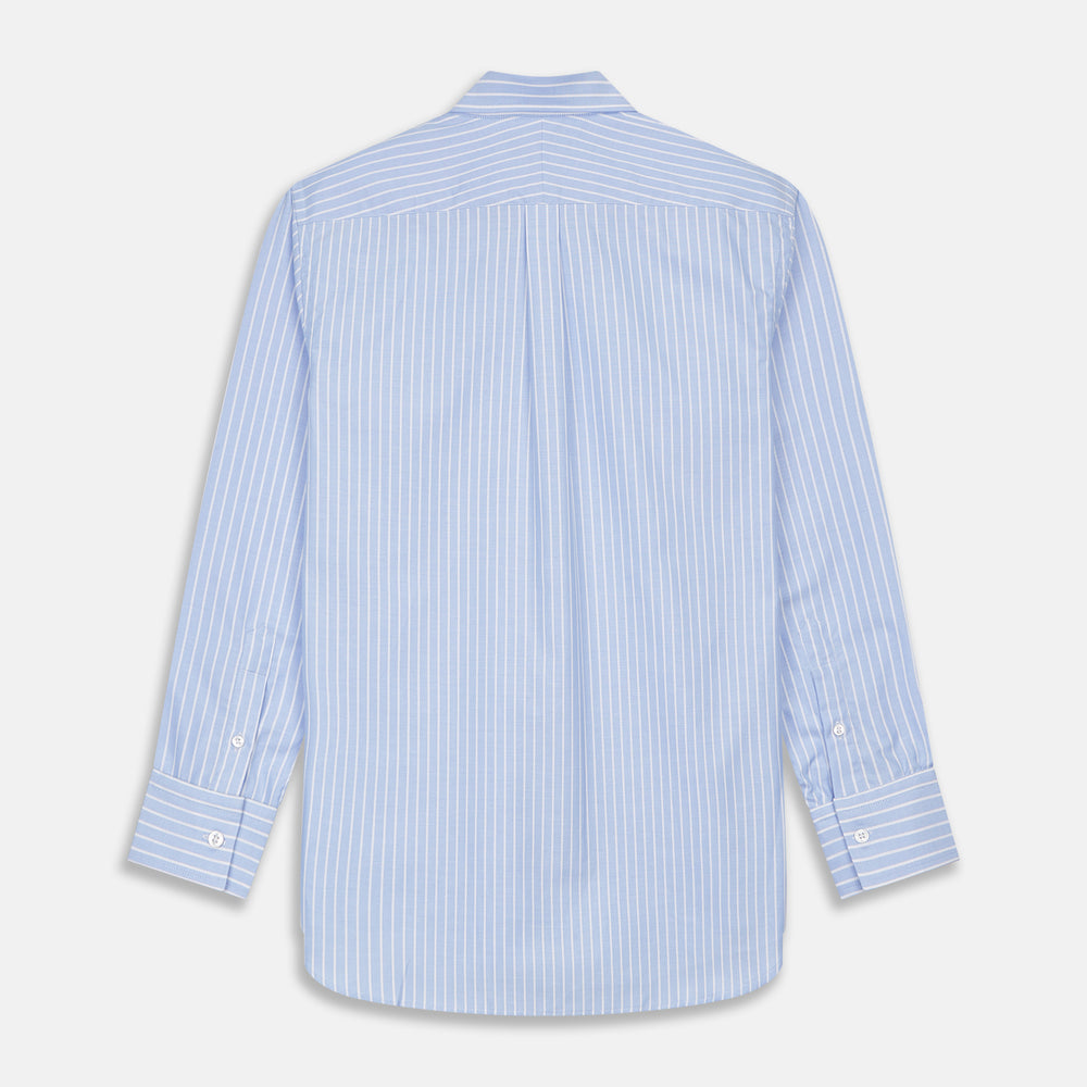 Blue and White Broad Stripe Oxford Weekend Fit Shirt with Dorset Collar and 1-Button Cuffs
