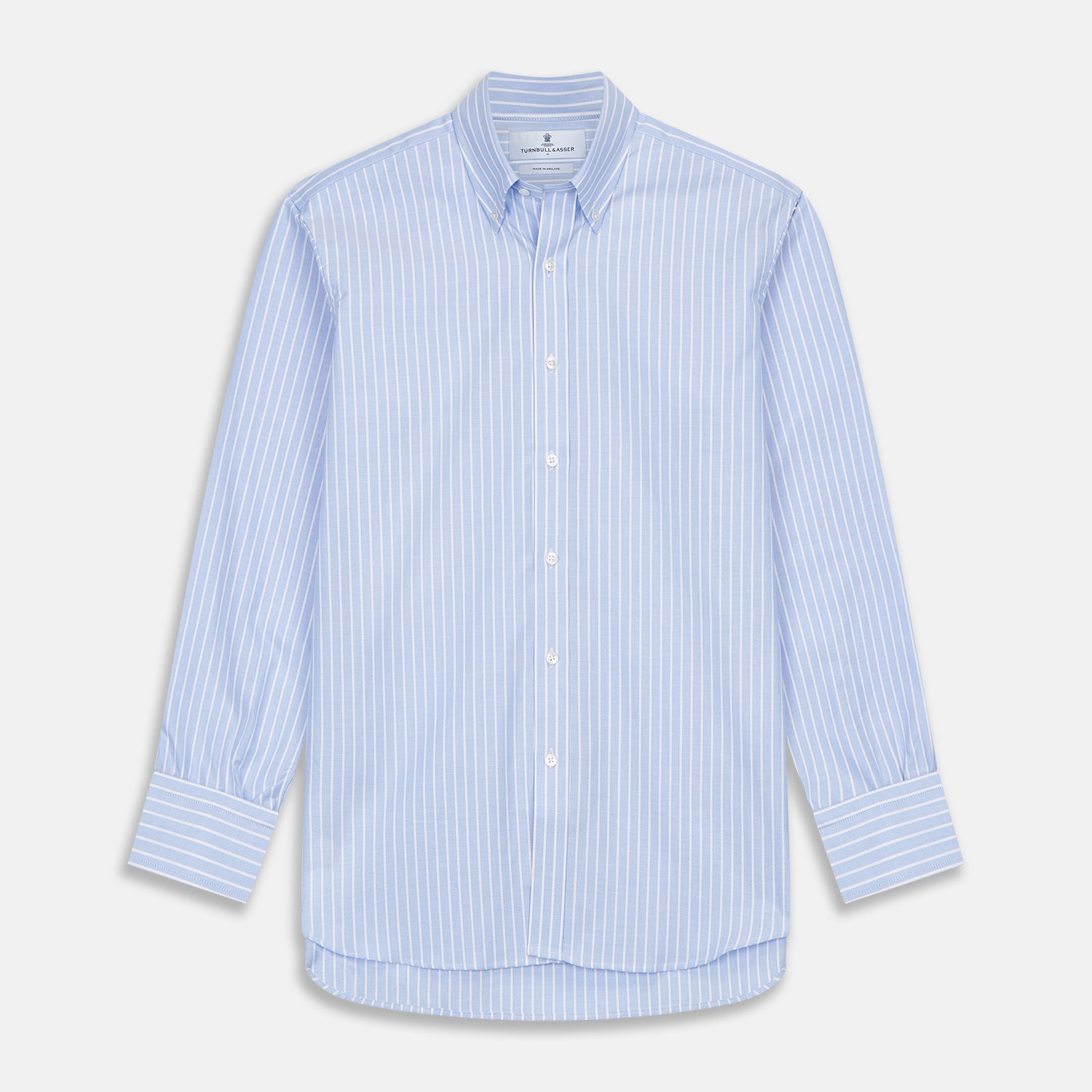 View 1 of product Blue and White Broad Stripe Oxford Weekend Fit Shirt with Dorset Collar and 1-Button Cuffs