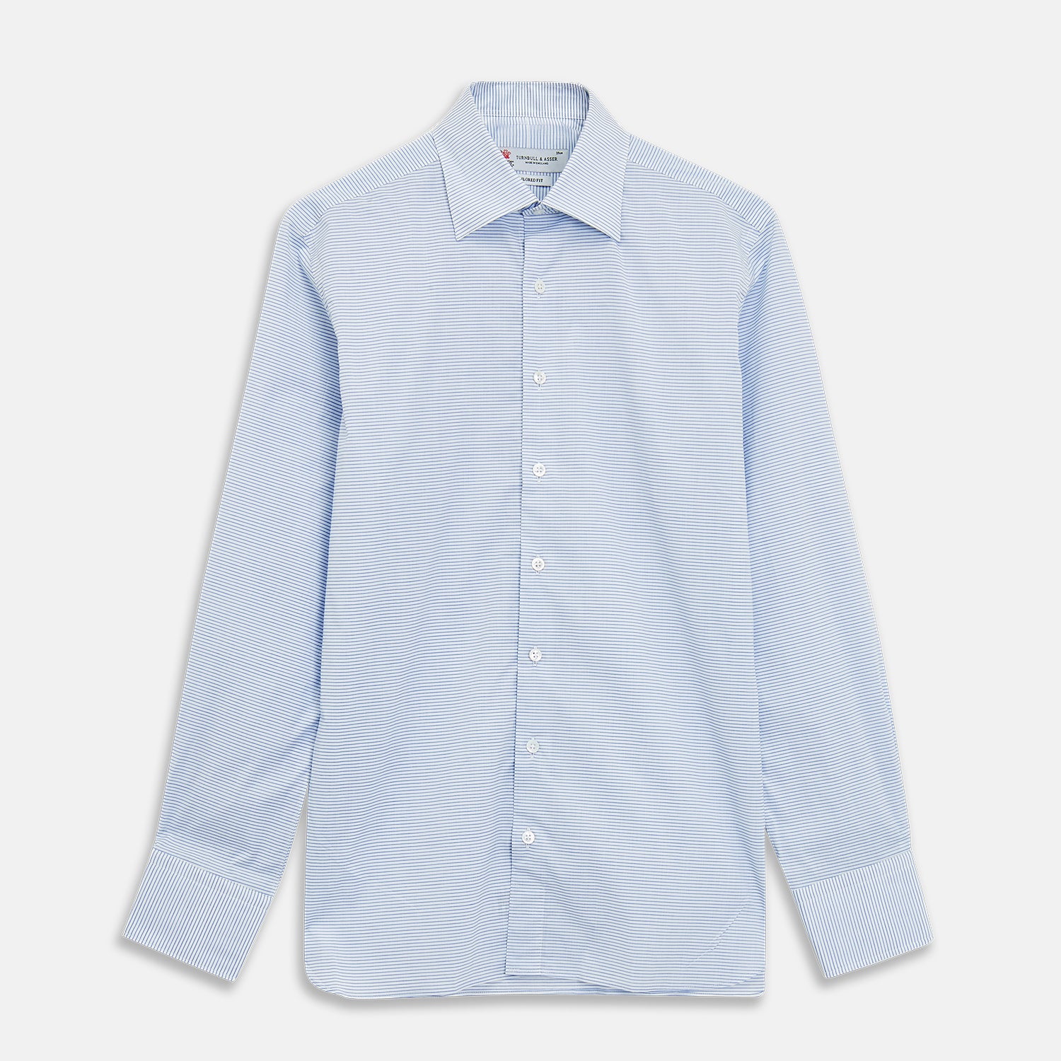 View 1 of product Blue & White Twill Cotton Stripe Tailored Fit Shirt with Bury Collar and 3-Button Cuffs