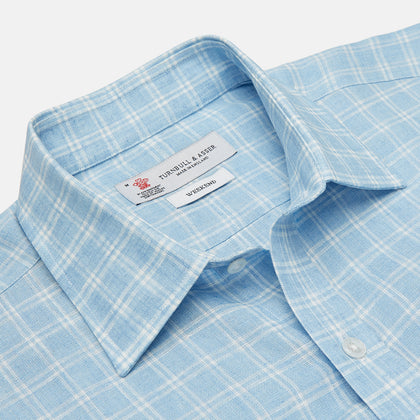Weekend Fit Blue Plaid Linen Shirt with Derby Collar and 1-Button Cuffs Image 2