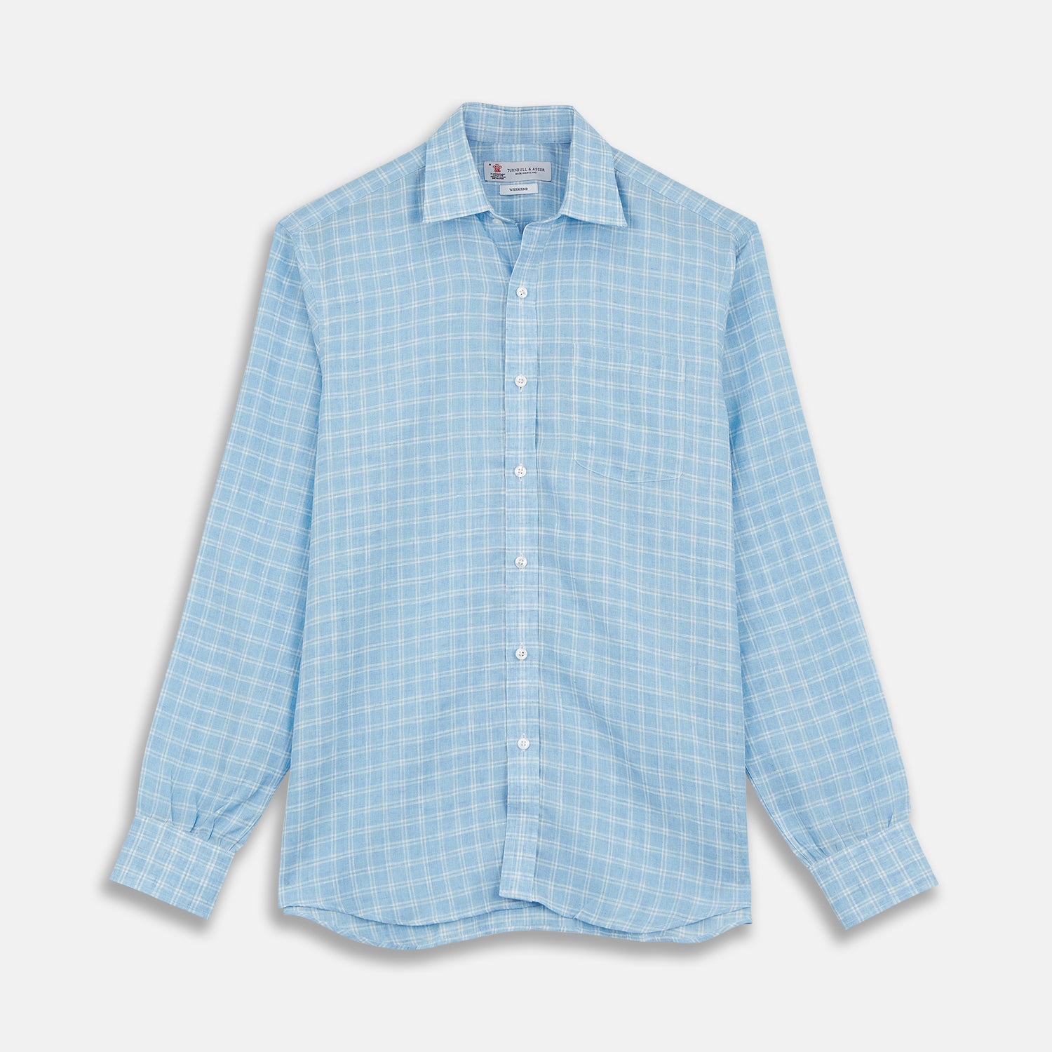 View 1 of product Weekend Fit Blue Plaid Linen Shirt with Derby Collar and 1-Button Cuffs