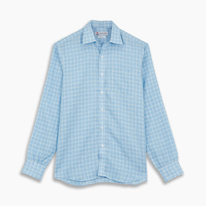 Weekend Fit Blue Plaid Linen Shirt with Derby Collar and 1-Button Cuffs Image 3
