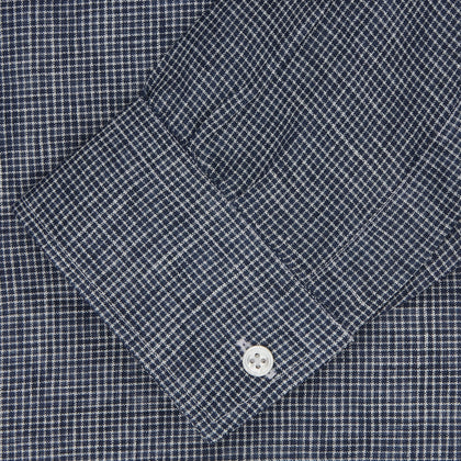 Weekend Fit Navy Check Linen Shirt with Derby Collar and 1-Button Cuffs Image 1