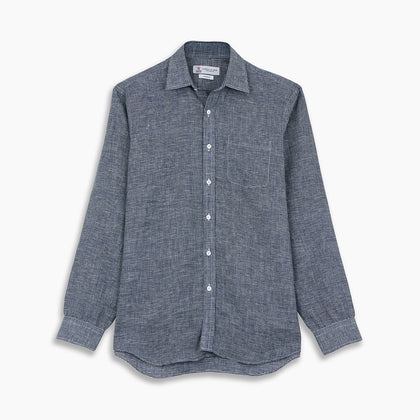 Weekend Fit Navy Check Linen Shirt with Derby Collar and 1-Button Cuffs Image 3
