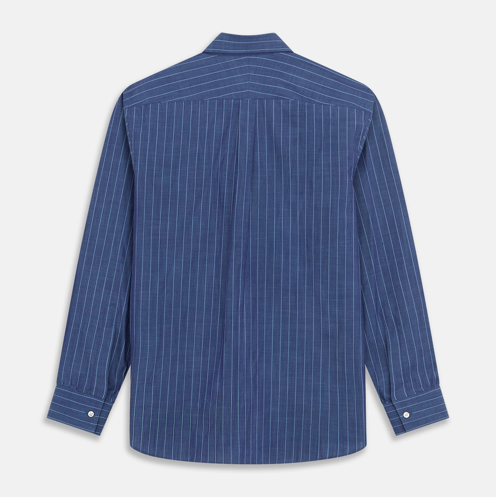 Blue Stripe Weekend Fit Nevis Shirt with Derby Collar and 1-Button Cuffs