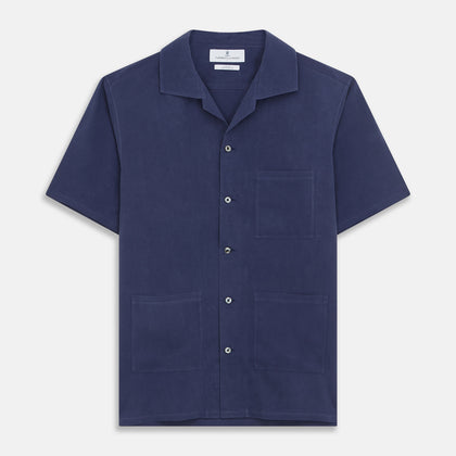 Navy Holiday Fit Silk Phillips Shirt with Revere Collar