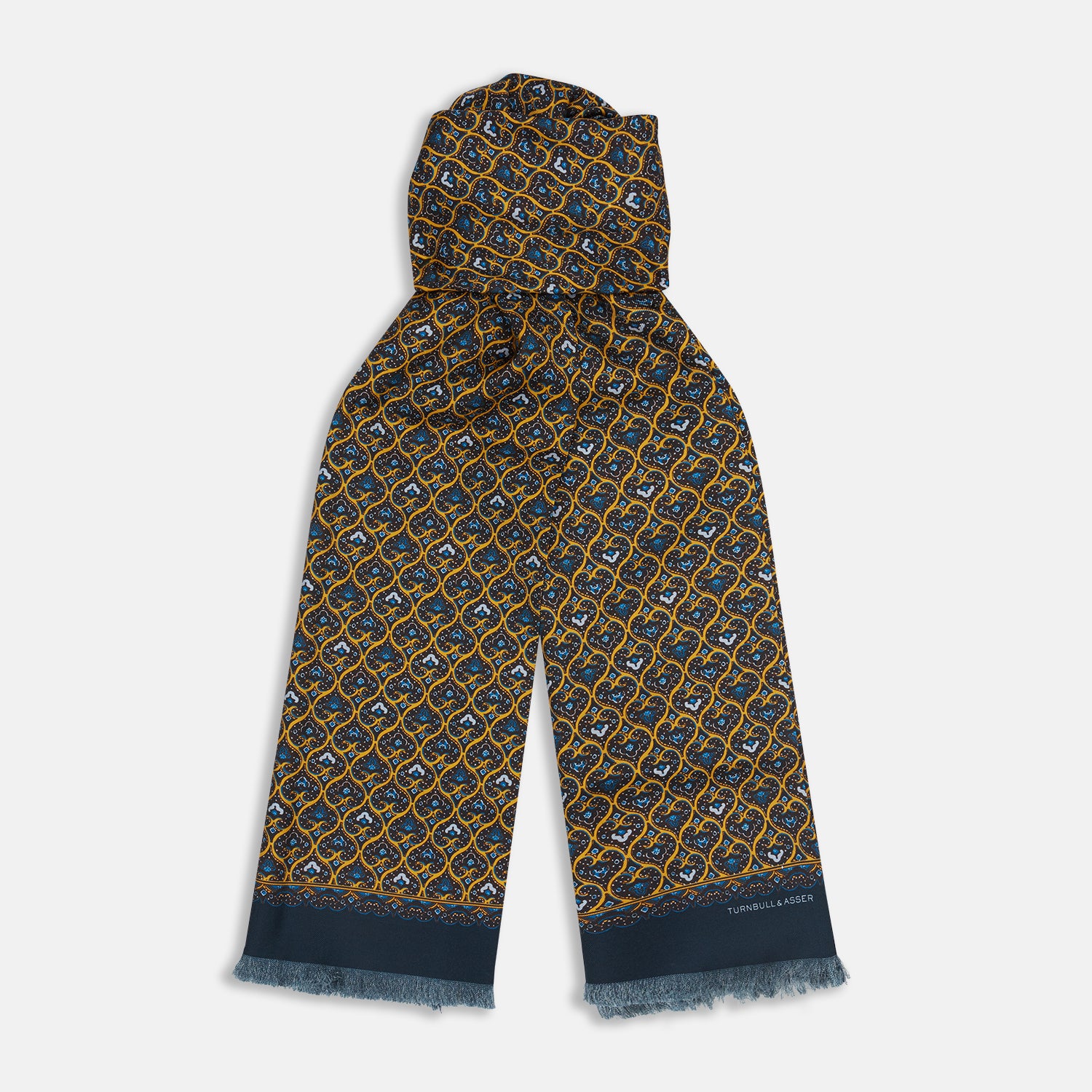 Golden and Navy Hearts Print Silk Scarf