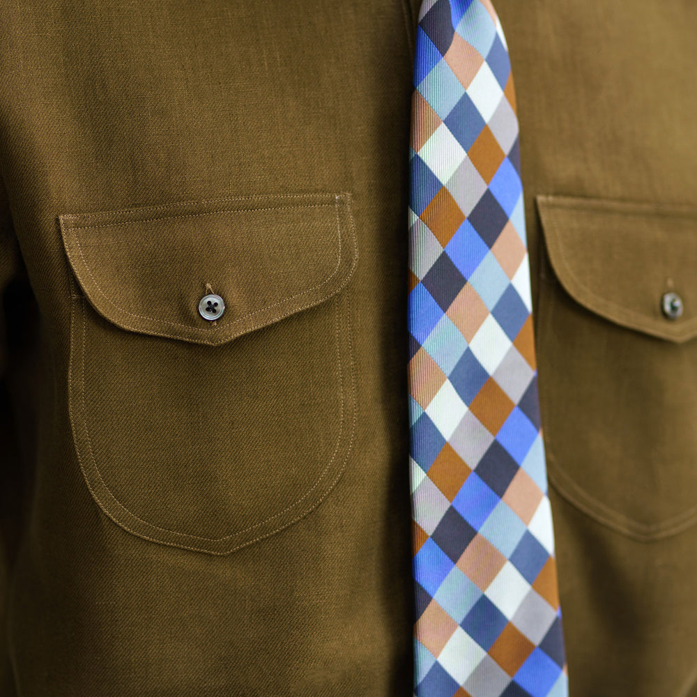 Navy and Brown Checkerboard Silk Tie