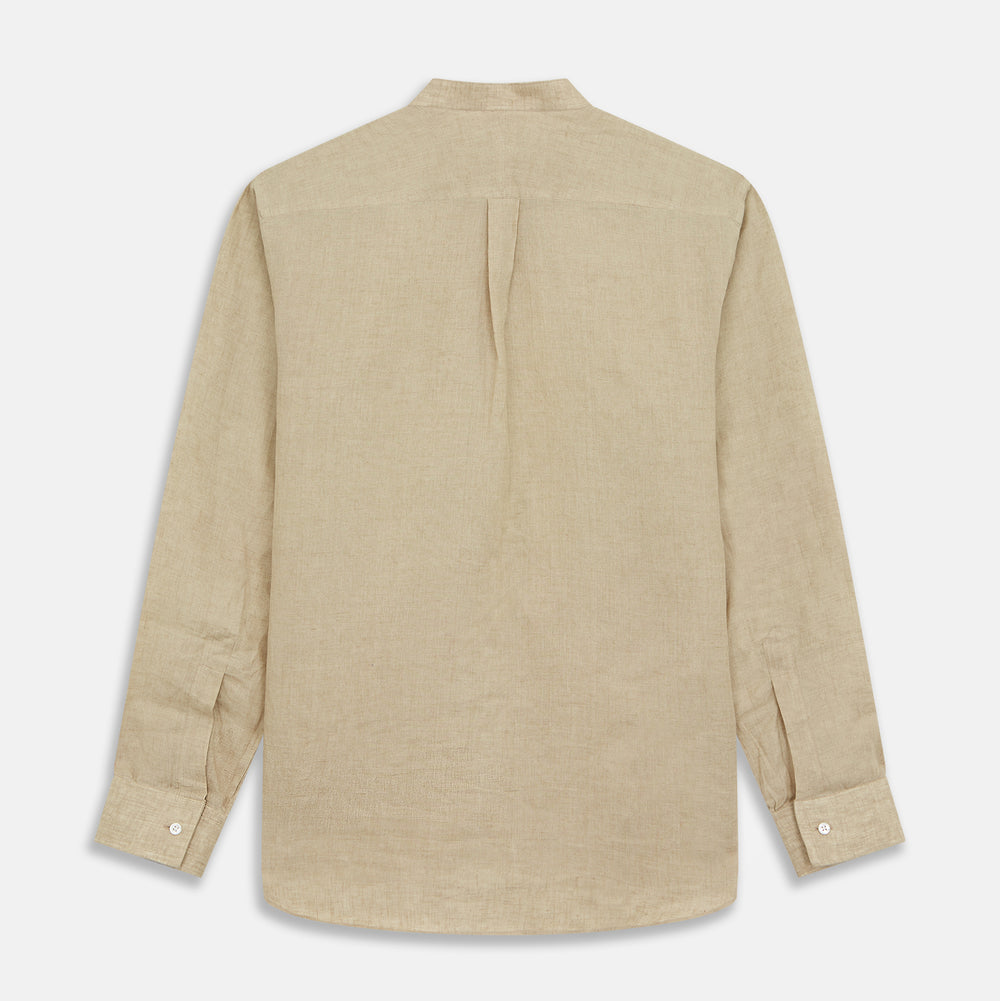 Beige Weekend Fit Linen Blake Shirt with Stand Collar and 1-Button Cuffs