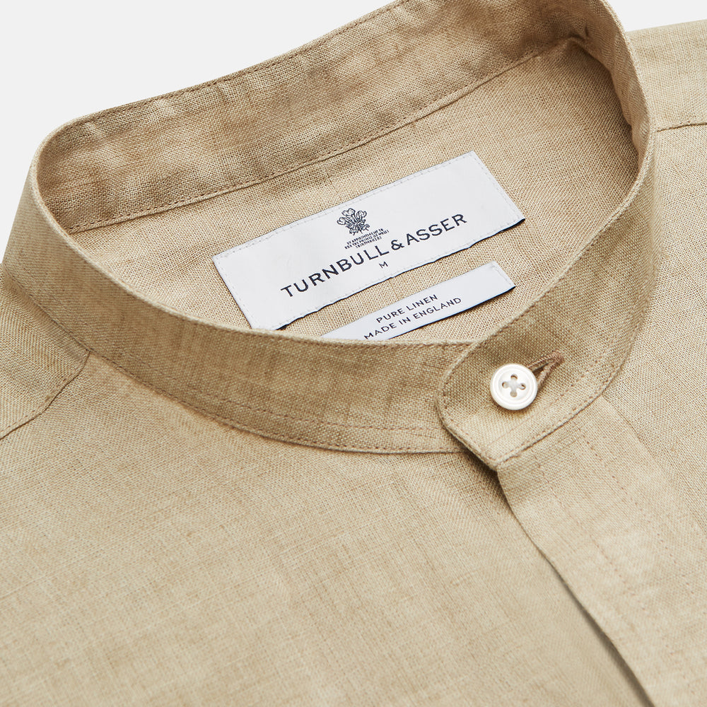 Beige Weekend Fit Linen Blake Shirt with Stand Collar and 1-Button Cuffs