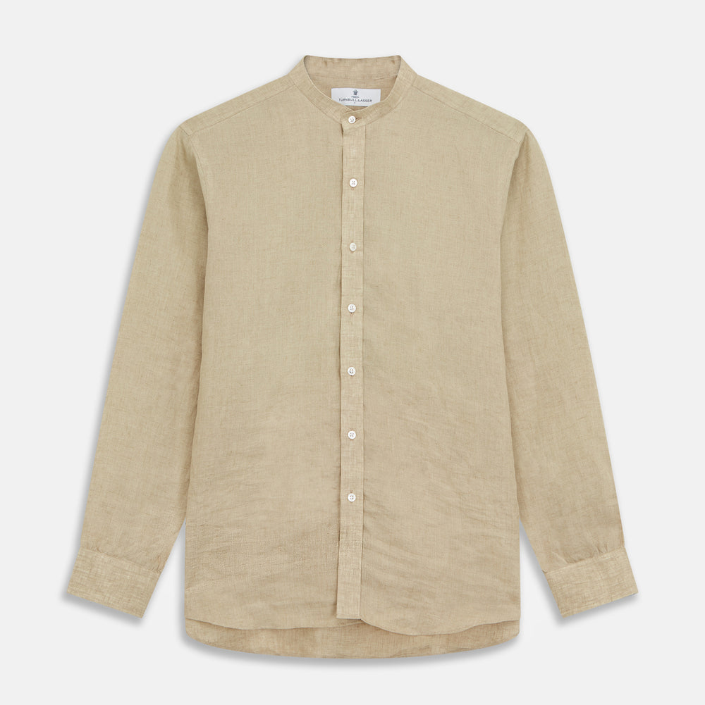 Beige Weekend Fit Linen Blake Shirt with Stand Collar and 1-Button Cuffs