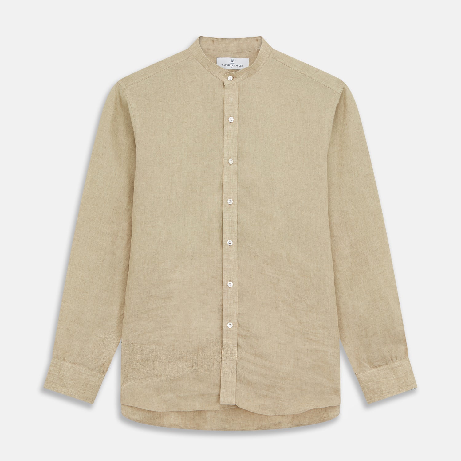 View 3 of product Beige Weekend Fit Linen Blake Shirt with Stand Collar and 1-Button Cuffs