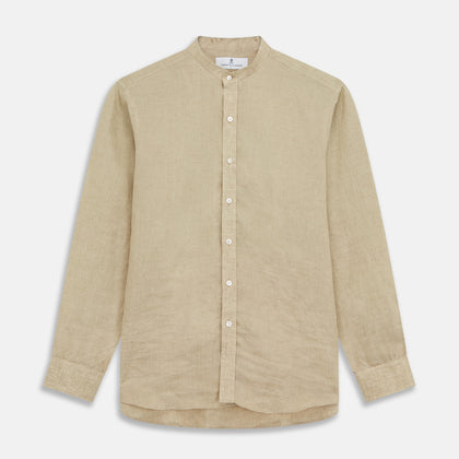 Beige Weekend Fit Linen Blake Shirt with Stand Collar and 1-Button Cuffs Image 2