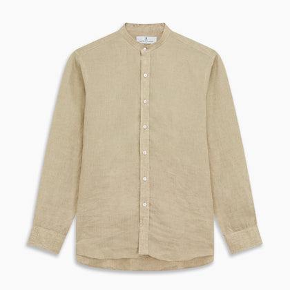 Beige Weekend Fit Linen Blake Shirt with Stand Collar and 1-Button Cuffs Image 7