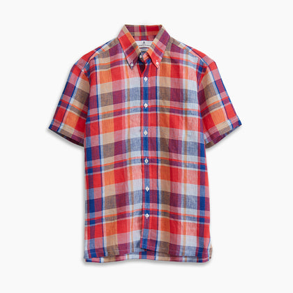 Red Madras Check Weekend Fit Short Sleeve Linen Shirt with Dorset Collar Image 4