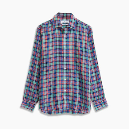 Green and Red Madras Check Weekend Fit Linen Shirt with Derby Collar and 1-Button Cuff Image 5