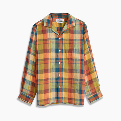 Orange Madras Check Holiday Fit Long Sleeve Linen Shirt with Revere Collar and 1-Button Cuff Image 5