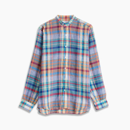 Red and Teal Madras Check Weekend Fit Linen Shirt with Stand Collar and 1-Button Cuff Image 6