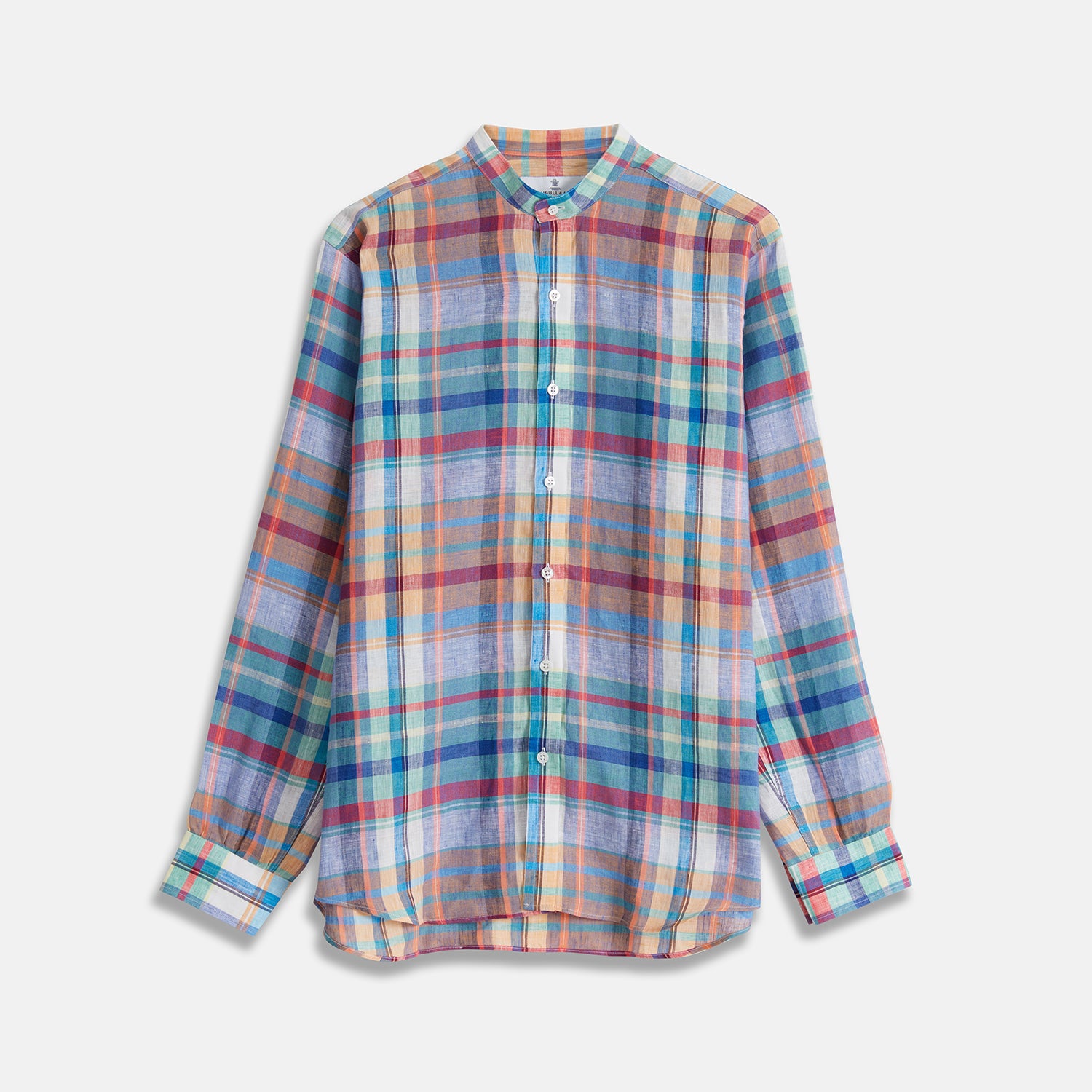View 1 of product Red and Teal Madras Check Weekend Fit Linen Shirt with Stand Collar and 1-Button Cuff