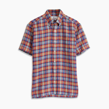 Blue and Orange Madras Check Weekend Fit Short Sleeve Linen Shirt with Dorset Collar Image 3