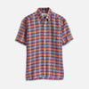 View 1 of product Blue and Orange Madras Check Weekend Fit Short Sleeve Linen Shirt with Dorset Collar