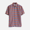 Blue and Orange Madras Check Weekend Fit Short Sleeve Linen Shirt with Dorset Collar